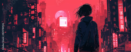 girl in a cyberpunk city dressed in anime vector cyberpunk. vector simple illustration