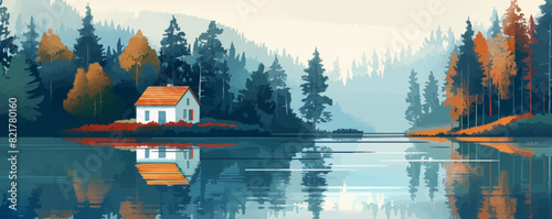 A tranquil riverside retreat with cozy cottages nestled among towering trees. Vector flat minimalistic isolated illustration
