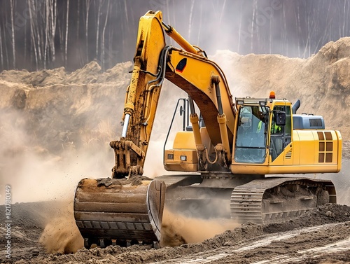A powerful excavator in action on a construction site, surrounded by dust