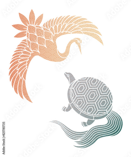 和柄の鶴と亀のイラスト素材 ベクター 敬老の日 寿 健康 長寿 縁起物 白背景