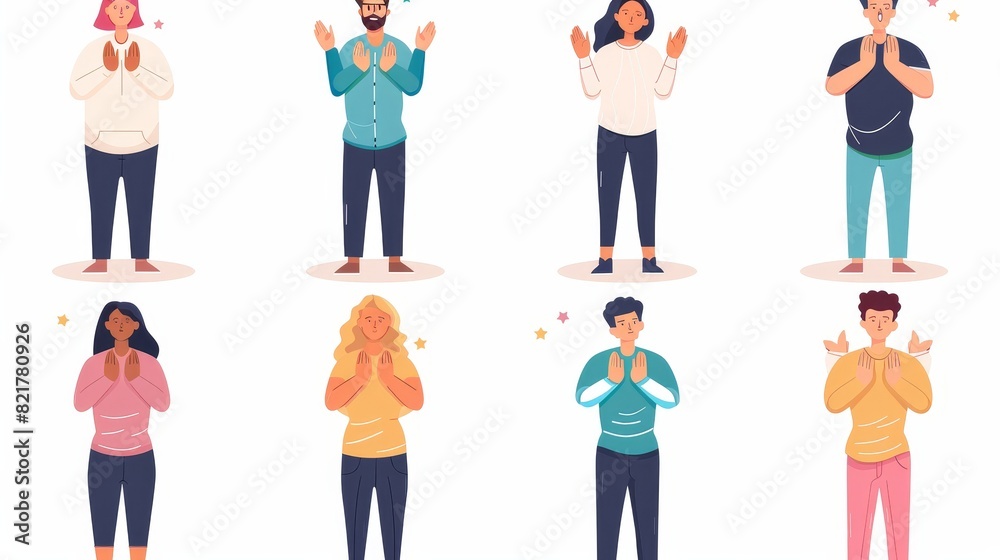 People clap and team members congratulate each other. Applause and cheers concept with characters. Support, celebration, appreciation, cartoon linear flat modern illustration.