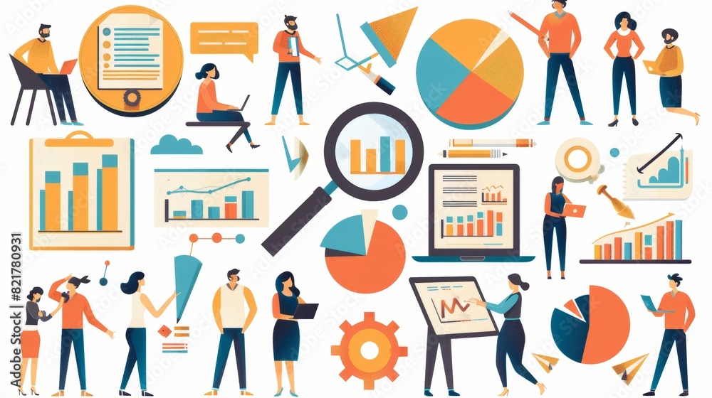 Characters depicting a creative analytics team isolated on white background. Researching with magnifier, drawing with marker, preparing presentation, or using laptop. Characters depicting a creative analytics team isolated on white background. Researching with magnifier, drawing with marker, preparing presentation, or using laptop.