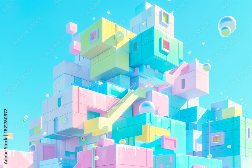 Colorful Abstract Geometric Art with 3D Shapes and Bubbles Colorful Abstract Geometric Art with 3D Shapes and Bubbles