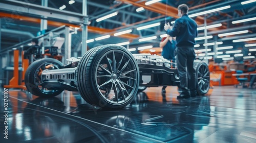 Wallpaper Mural Working on an electric car chassis prototype in an innovation lab facility. The vehicle frame includes its wheels, suspension, engine, and battery. Torontodigital.ca