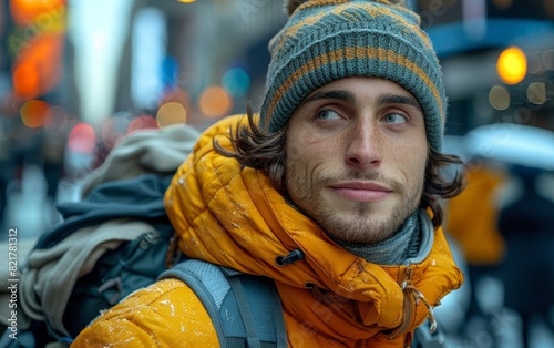 A young man is hiking with a backpack and hat on in the great outdoors