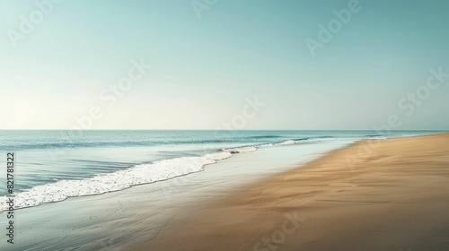 A serene landscape featuring a coastal beach with crystal clear water, waves gently rolling in under a sunny sky dotted with fluffy clouds, creating a picturesque horizon AIG50 © Summit Art Creations