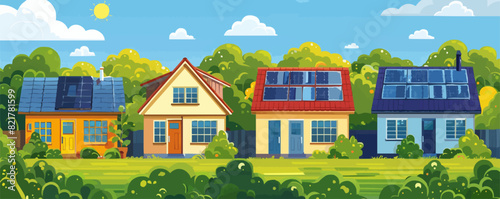 Houses with rooftop solar panels. vector simple