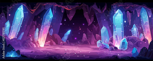 A mystical underground cavern with glowing crystals and mysterious rock formations. Vector flat minimalistic isolated illustration.