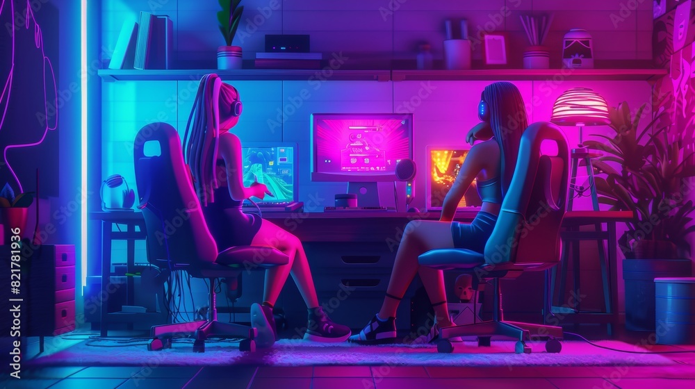 Two girls sit in armchairs in a room decorated with neon lamps, drawing on tabs, playing video games at night. Modern illustration of female friends having fun with design hobby, playing video