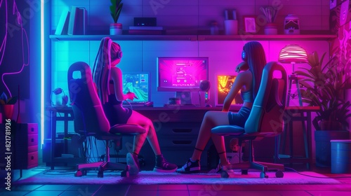 Two girls sit in armchairs in a room decorated with neon lamps, drawing on tabs, playing video games at night. Modern illustration of female friends having fun with design hobby, playing video photo