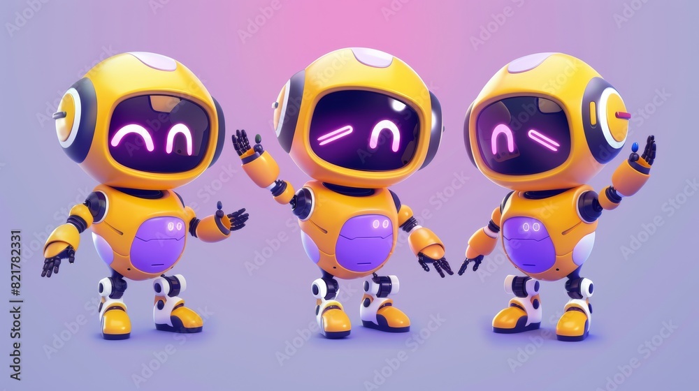 AI robot cartoon illustration set in yellow and purple. Modern artificial intelligence mascot group and friendly companion. AI robot cartoon illustration set in yellow and purple. Modern artificial intelligence mascot group and friendly companion.