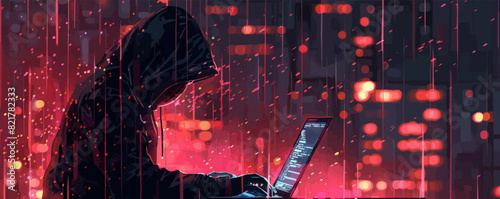 h acker with hidden face, working on laptop cyberpunk. vector simple illustration