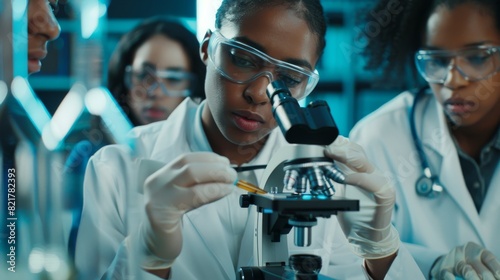 Medical Science Laboratory: Shot of young scientists examining test samples under a microscope. This is an ambitious group of biotechnology specialists working with advanced equipment.