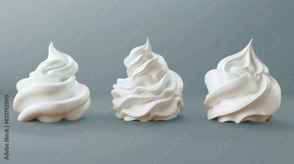 Realistic white swirl and line butter mousse or custard bakery decoration. Vanilla yogurt meringue or milk foam. 3D whipped cream for decorating cakes and pies. Realistic white swirl and line butter mousse or custard bakery decoration. Vanilla yogurt meringue or milk foam. 3D whipped cream for decorating cakes and pies.
