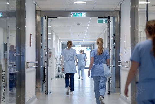 Busy hospital corridor with moving staff