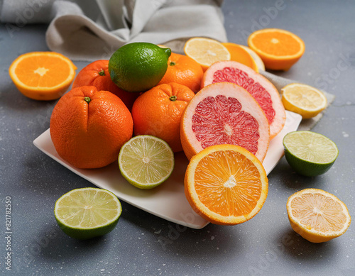 Close-up of many various Citrus fruits on table  lemons  oranges  tangerine  grapefruits and limes on table
