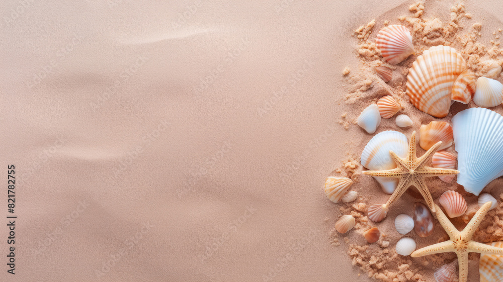 Obraz premium seashell and starfish, beach , top view, copy space, background