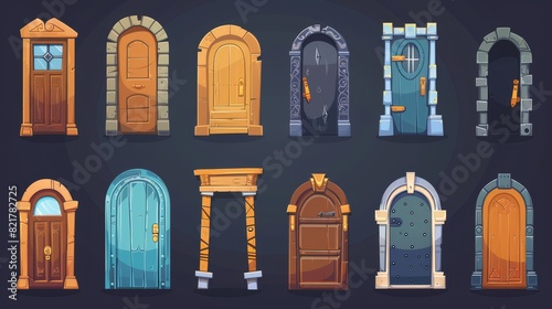 A front house door opening and closing modern animation. A room doorway isolated sequence icon set. A wooden shut exit as an escape hatch from a building.