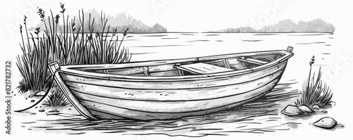 Boat on the river hand drawn sketch in doodle style Vector