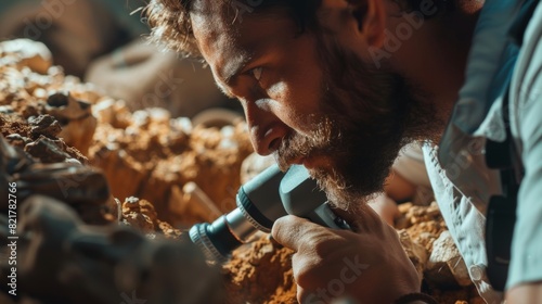 Male archeologist excavating at an ancient site discovers historical artifacts and fossil remains from an ancient civilisation, studies them under a microscope photo