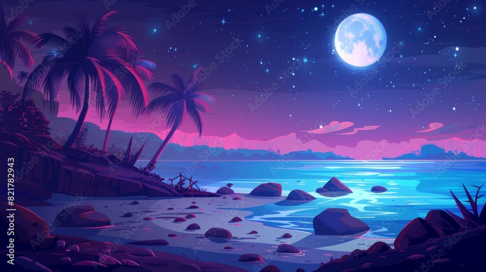 At night, a tropical seashore landscape with calm water and stones on shore is shown under a dark starry sky and the light of a full moon. This is a cartoon modern illustration of a tropical seaside At night, a tropical seashore landscape with calm water and stones on shore is shown under a dark starry sky and the light of a full moon. This is a cartoon modern illustration of a tropical seaside