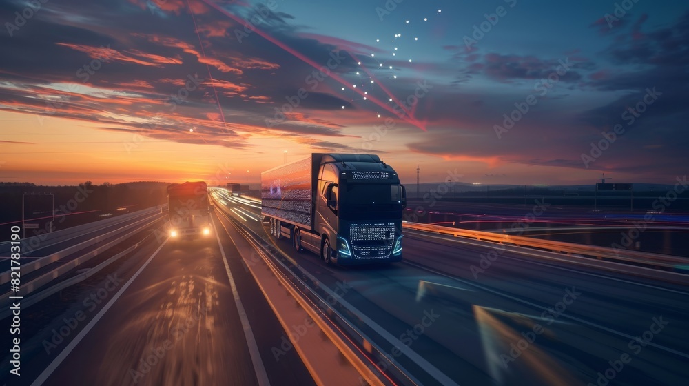 Spectacular Effects of a Vehicle Analyzing Highway on a Sunset Evening with a Self-Driving Lorry Truck and Cargo Trailer. A futuristic technology concept. Spectacular Effects of a Vehicle Analyzing Highway on a Sunset Evening with a Self-Driving Lorry Truck and Cargo Trailer. A futuristic technology concept.