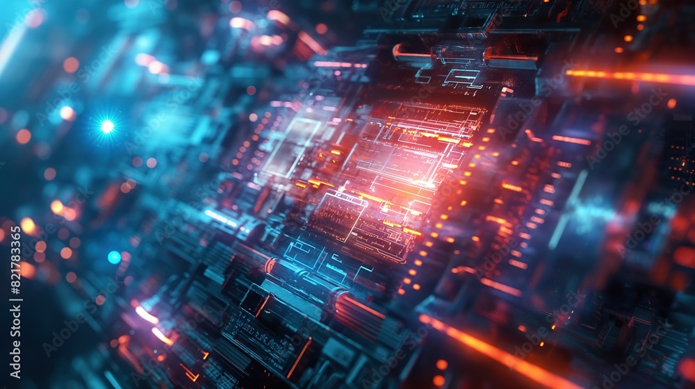 Fototapeta premium A futuristic, close-up digital rendering of a complex and glowing circuit board with vibrant blue and orange lights.
