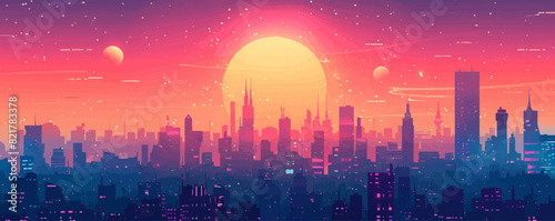A futuristic city skyline with sleek skyscrapers, holographic advertisements, and bustling flying traffic. Vector flat minimalistic isolated illustration