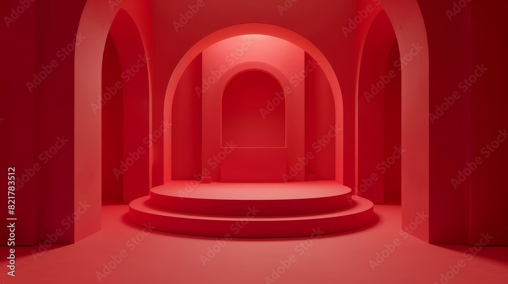 For luxury presentation, you have an abstract red studio room. It's empty with a floor and wall, and its geometric round interior design template is suitable for showcase events. It has a realistic For luxury presentation, you have an abstract red studio room. It's empty with a floor and wall, and its geometric round interior design template is suitable for showcase events. It has a realistic