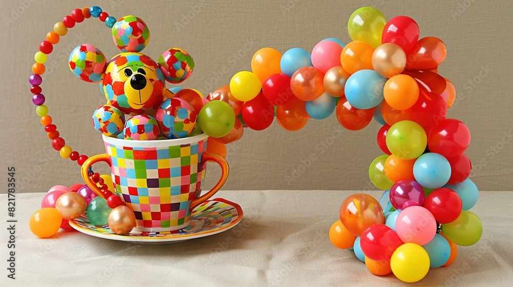 Fototapeta premium A dog-shaped balloon sits atop a cup, with a saucer positioned in front