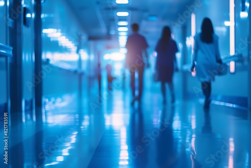 abstract blurred image of doctor and patient people in hospital interior or clinic corridor for background,