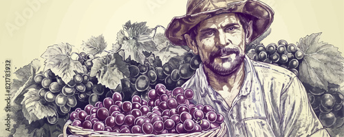 Farmer with a basket of grapes drawn in vintage engraving style. Viticulture, vineyard sketch. vector simple illustration