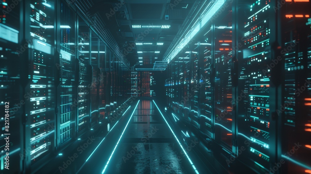 An updated VFX visualization of a futuristic data center with activated 3D rendering of graphics. An automated cloud computing facility for data storage, processing, and visualization. The internal An updated VFX visualization of a futuristic data center with activated 3D rendering of graphics. An automated cloud computing facility for data storage, processing, and visualization. The internal