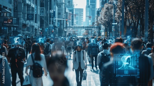 Business People Tracked in Busy City Streets with Technology. CCTV AI Facial Recognition Big Data Analysis Modern Interface Scanning  Displaying Personal Information.