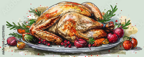 Baked turkey with vegetables and spices lies on a plate hand drawn sketch. vector simple illustration