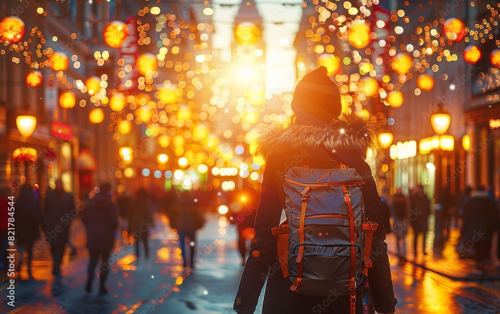 Naklejka premium A young woman walking alone down a dimly lit street at night