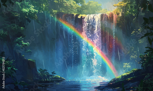 Waterfall forming a rainbow in the sunlight. Vector illustration