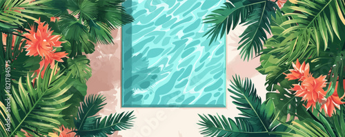 A dreamy desert oasis with lush palm trees, tranquil pools, and vibrant flora. Vector flat minimalistic isolated illustration