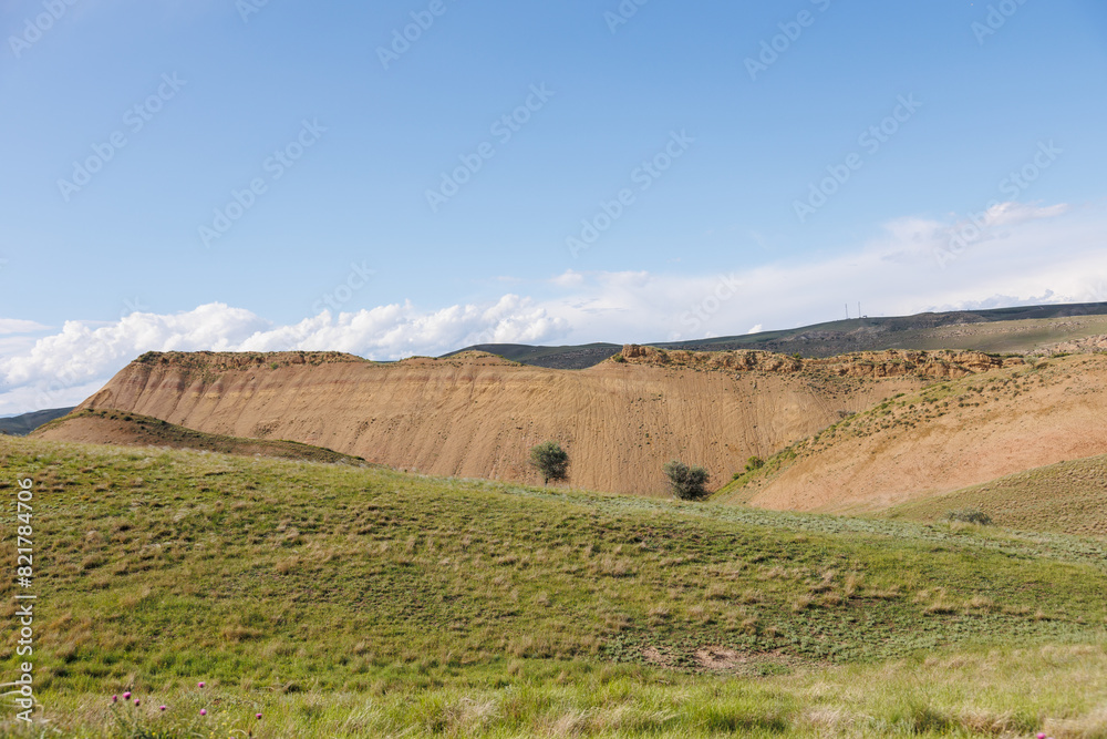 Obraz premium Panorama of beautiful countryside of Georgia. Sunny afternoon. Wonderful landscape in mountains. Grassy field and hills