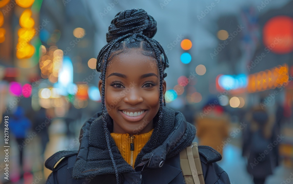 A young woman standing on a city street, smiling directly at the camera A young woman standing on a city street, smiling directly at the camera