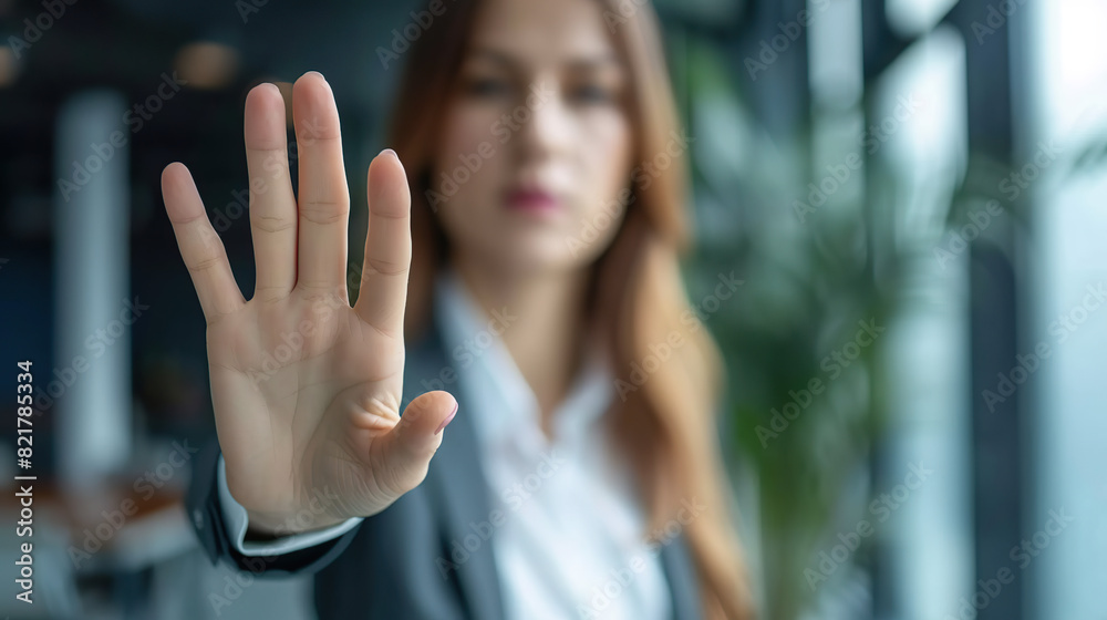 Stop, hand sign and woman with no gesture for sexual harassment and violence in workplace. Business professional Stop, hand sign and woman with no gesture for sexual harassment and violence in workplace. Business professional