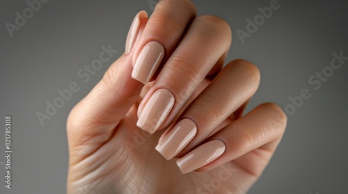 A woman's hand with a chic neutral-colored manicure is set against a gray backdrop. The long square nails, finished with a beautiful gel polish, exude understated elegance.