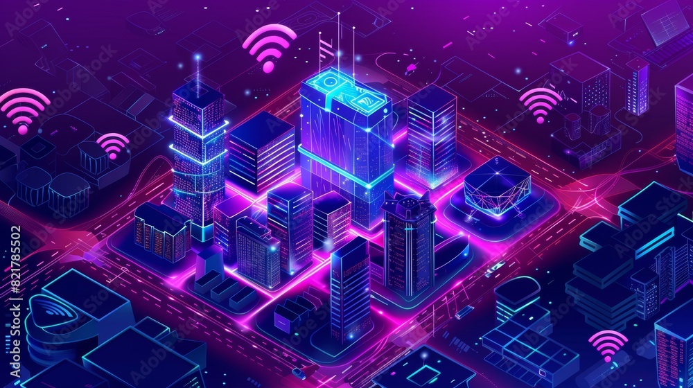 Tall buildings with symbol of wireless internet and sale icons isolated on ultraviolet background. Smart city with 5G wireless network technology, isometric concept modern illustration.