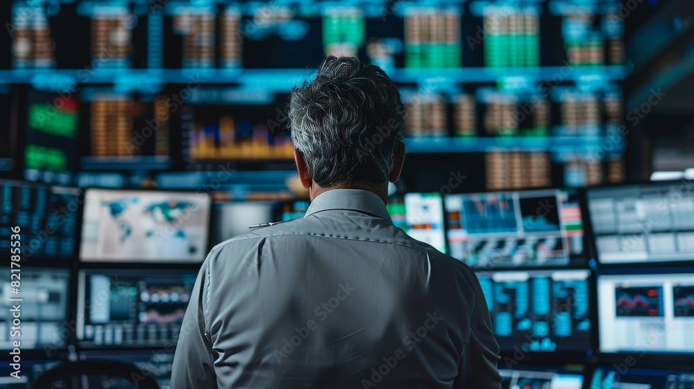 This view shows the back of a middle-aged man working on the floor in a modern stock exchange firm. State of the Art Monitoring Companies and Funds, Securities, Derivatives, Investments Presented on This view shows the back of a middle-aged man working on the floor in a modern stock exchange firm. State of the Art Monitoring Companies and Funds, Securities, Derivatives, Investments Presented on