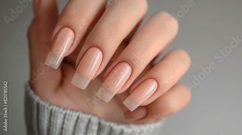 A woman s hand with a chic neutral-colored manicure is set against a gray backdrop. The long square nails  finished with a beautiful gel polish  exude understated elegance.
