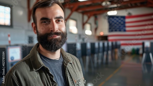 Caucasian bearded man standing in a modern polling station with a large American flag in the background, posing for a camera, smiling.