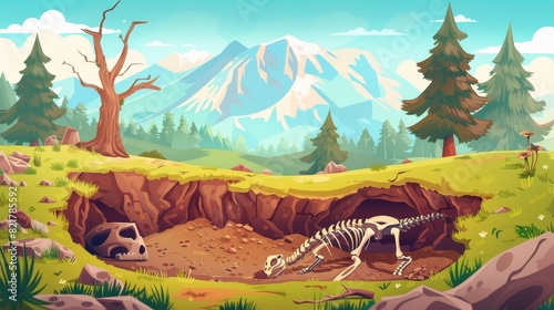 A cartoon modern illustration showing archeological excavations. The landscape includes trees, mountains, grass, and pits. The soil inside the pits has fossils and dinosaur skeletons on it. photo