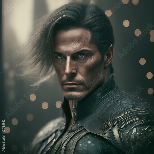 A man with piercing blue eyes and a stern expression, wearing dark, detailed armor, in a dramatic setting. photo