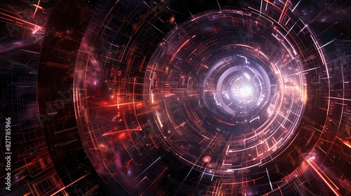 A dynamic, red and purple-hued digital vortex with streaks of light converging towards a bright central point, creating a sense of high-speed data flow and futuristic energy