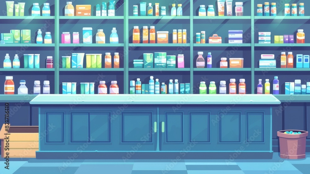 A pharmaceutical store, a drugstore shelf with medicines, a showcase with pills, part of a cartoon set of isolated interior elements of a pharmacy, including a counter with a cash register and a